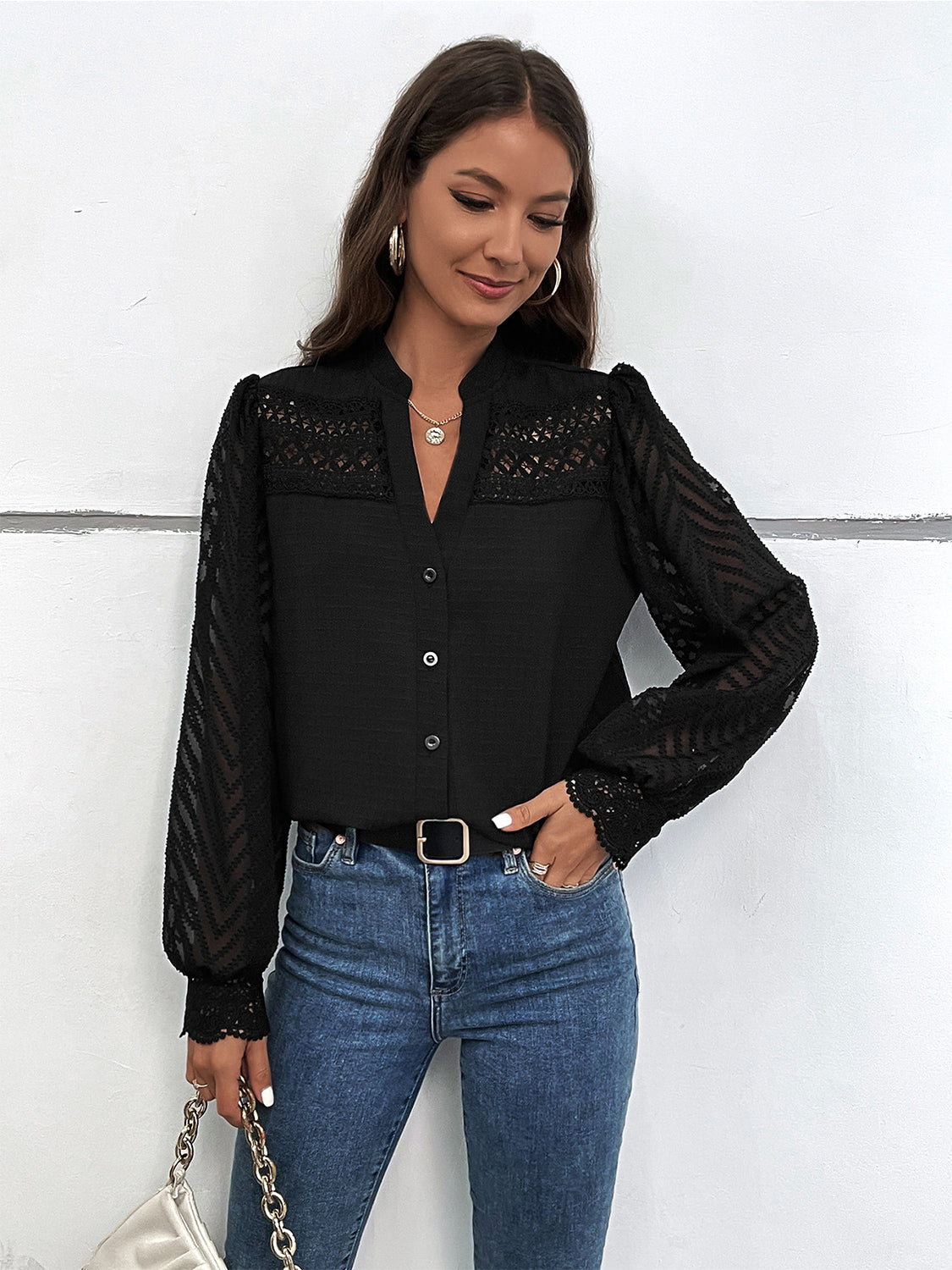 Button Up Notched Long Sleeve Shirt