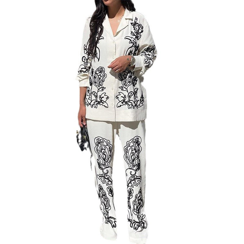 Fashion Polo Collar Solid Color Printing Long Sleeve Casual Suit