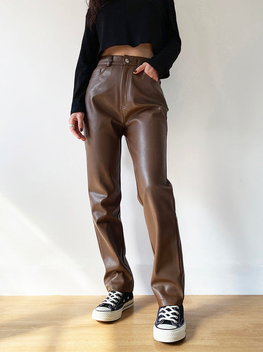 Brown PU Leather High Waist Slim Fit Bag Hips Slimming Plus Cashmere Straight Leg Leather Pants