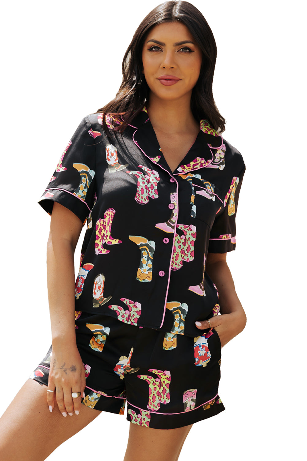 Black Western Boots Printed Short Pajama Set