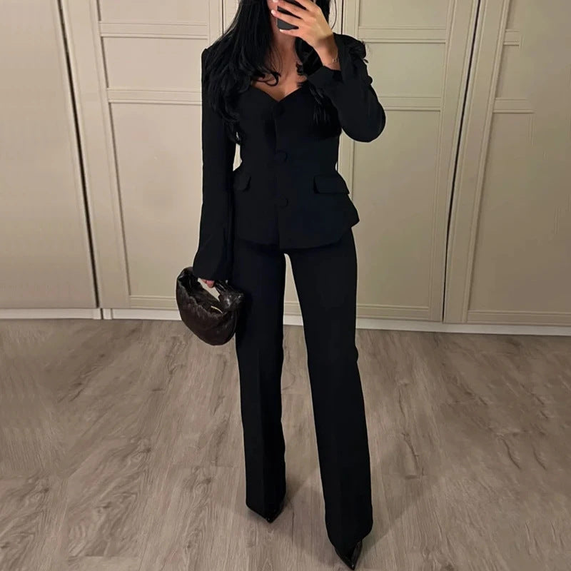 Women's Solid Color Slim Suit Straight-leg Pants Suit