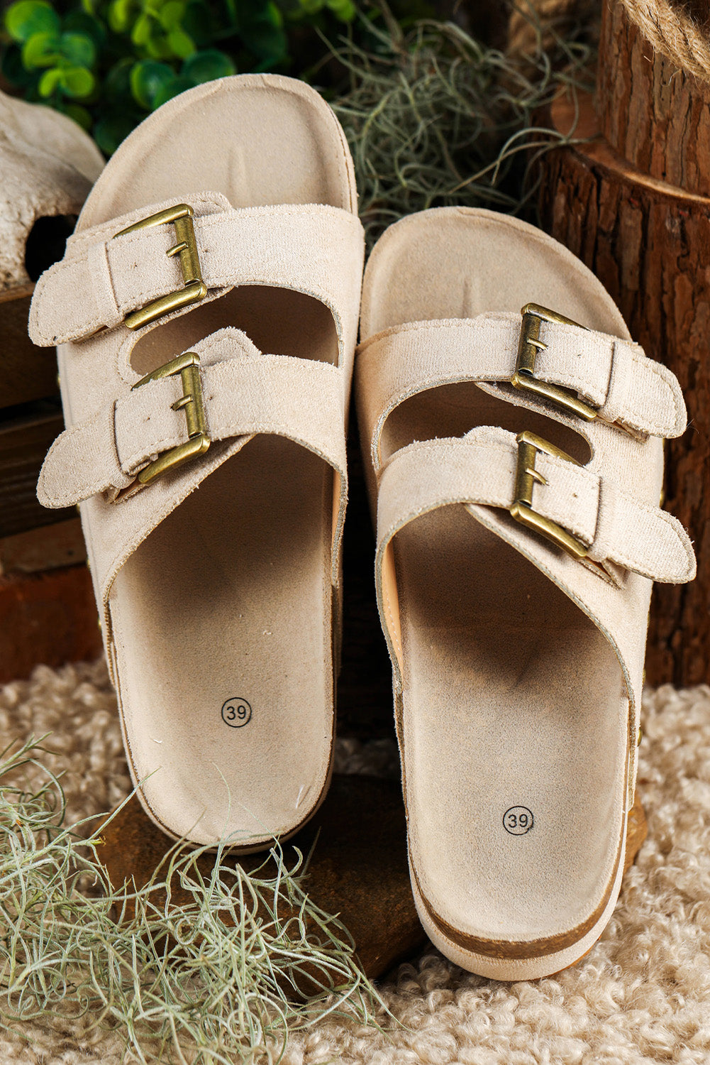 Beige Suede Buckle Decor Footbed Sandal Slippers