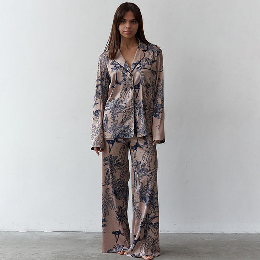 Women's Fashion Satin Printed Cardigan Pajamas Two-piece Set