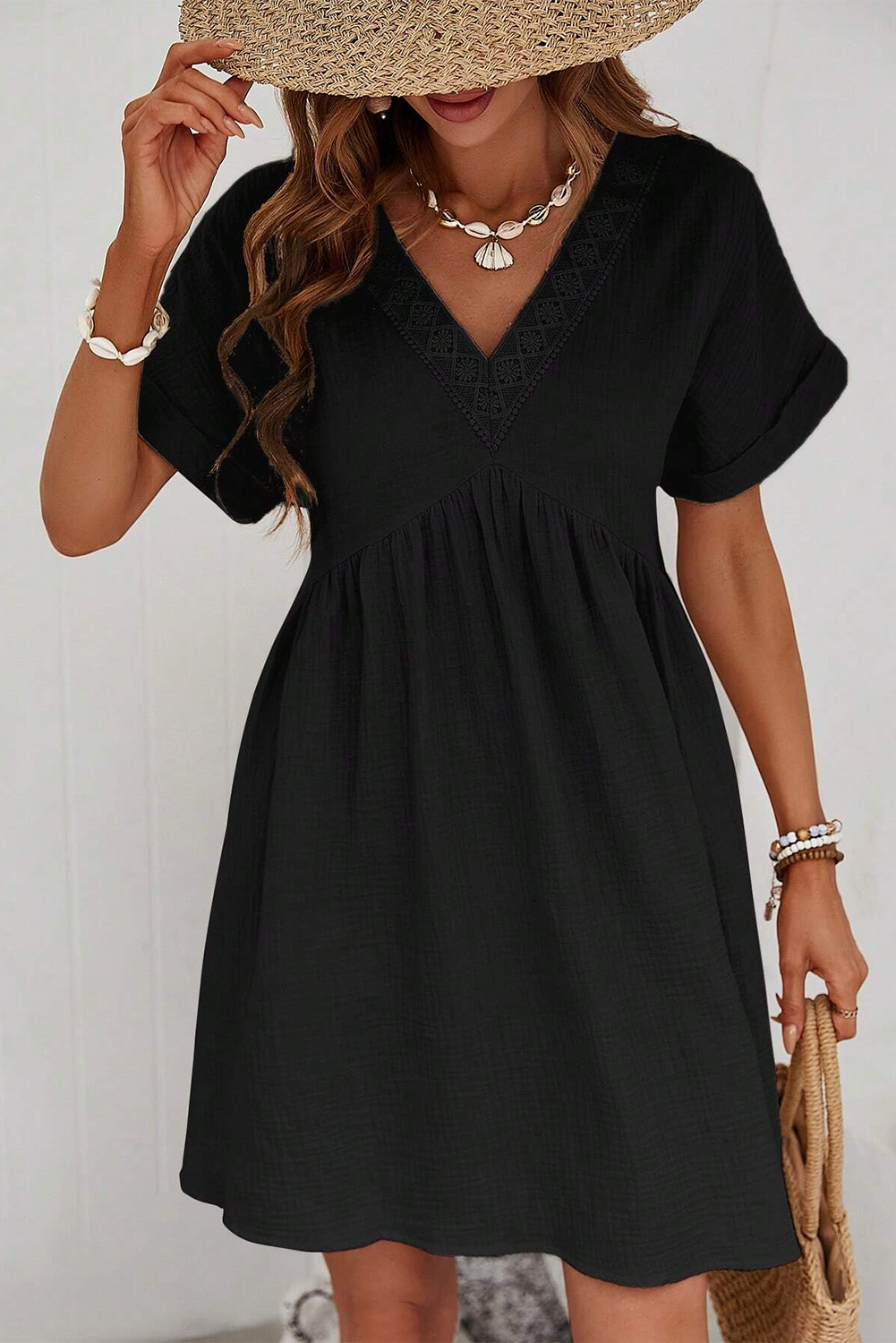 Black Folded Short Sleeve Lace V Neck Mini Dress