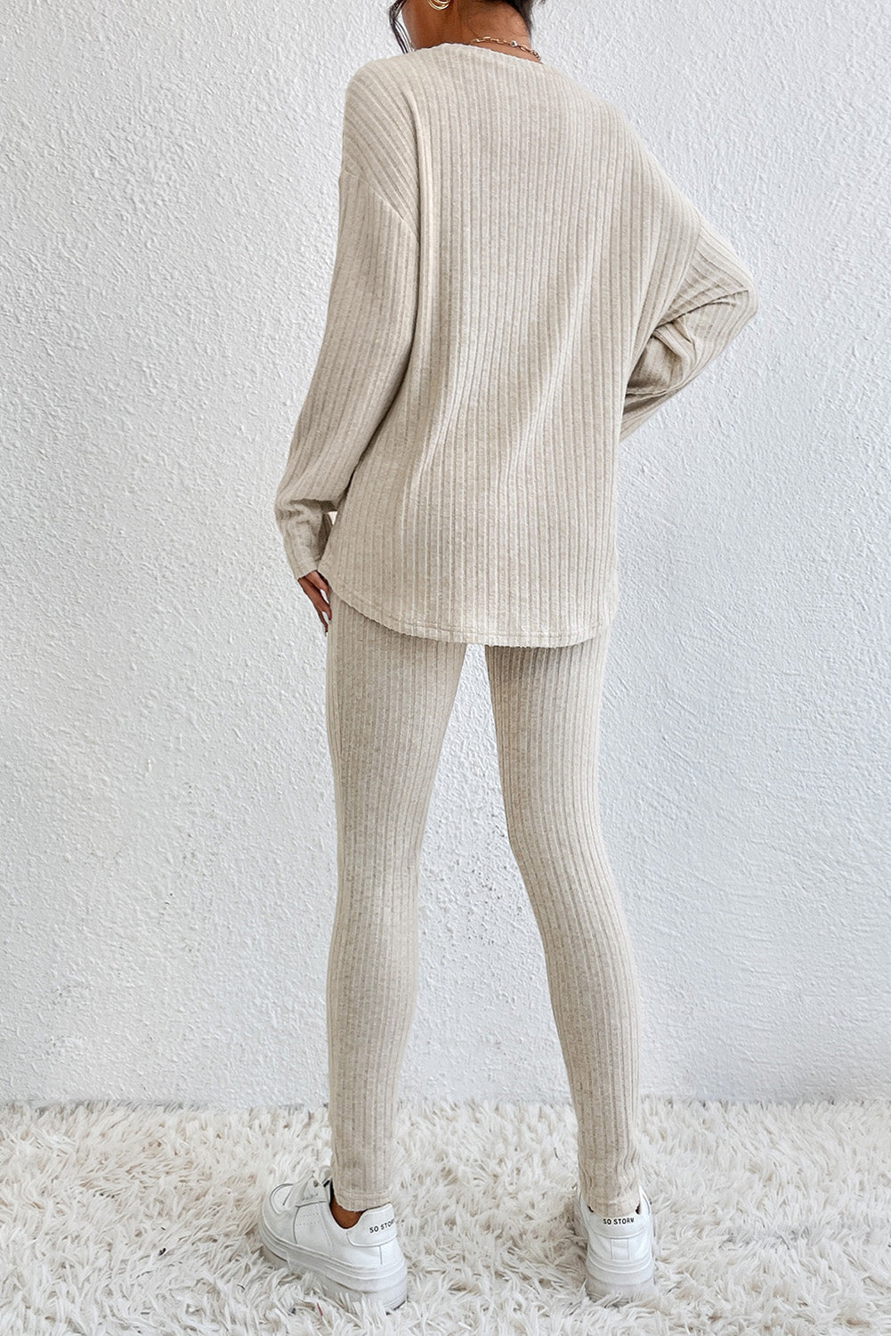 Apricot Ribbed Knit Loose Long Sleeve Top Skinny Pants Set