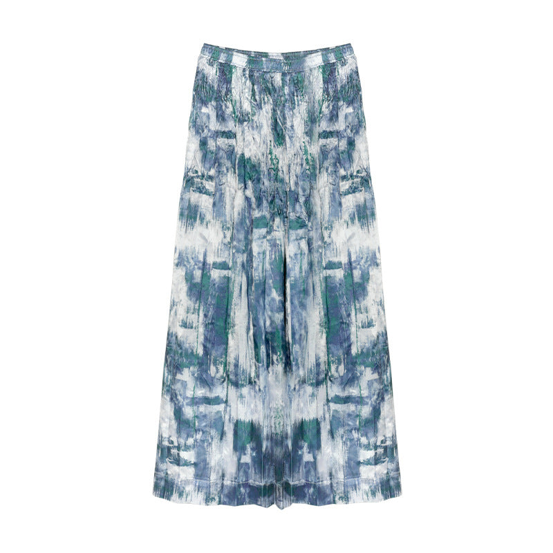 Acetate Print Pleated Skirt Hem Slit Skirt