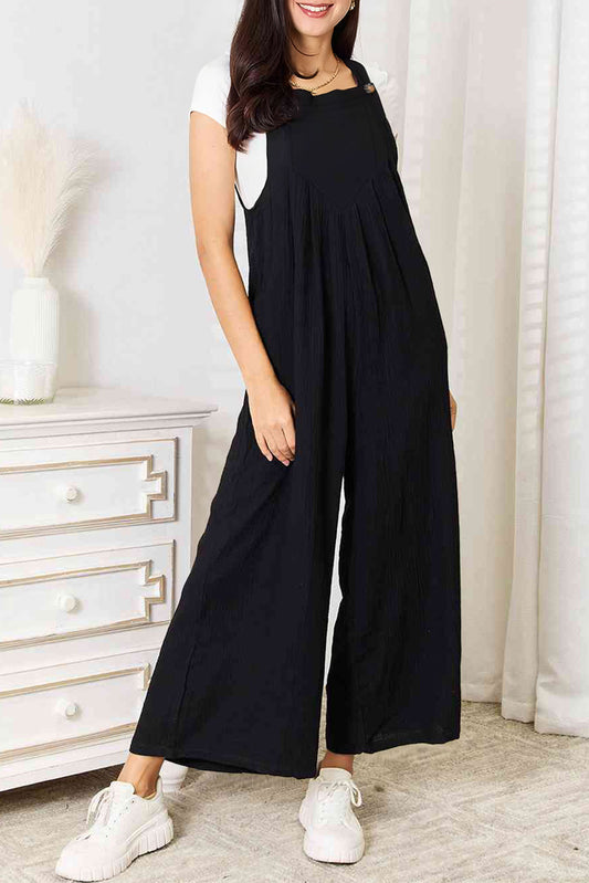 Black Buttoned Straps Crinkled Wide Leg Pocketed Overalls