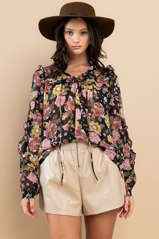 Ces Femme Blouse florale à manches longues et bordure à volants