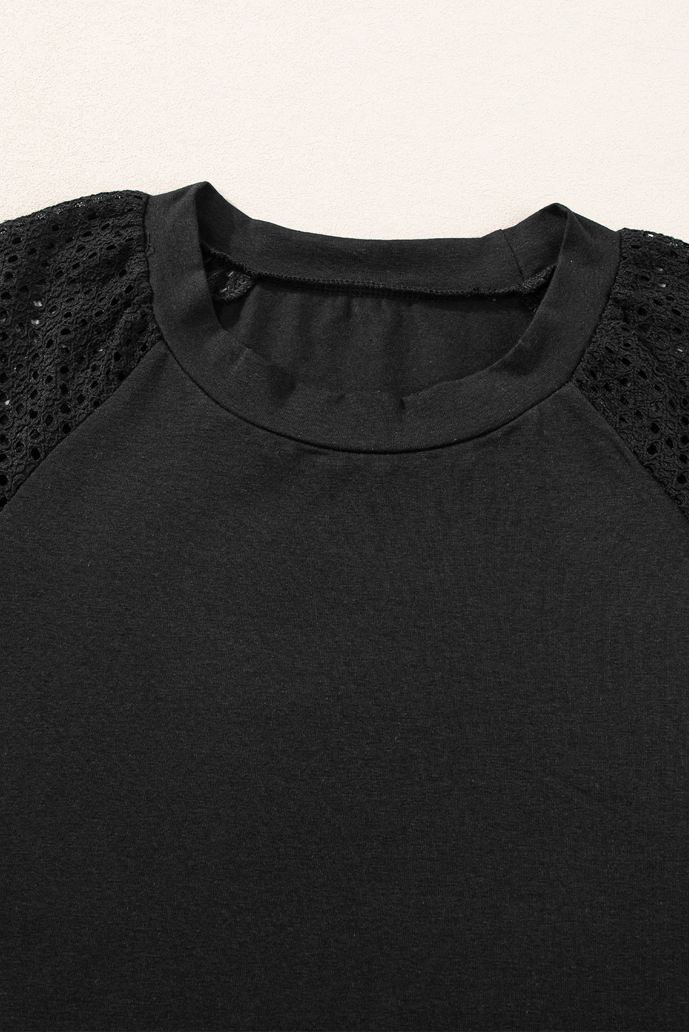 Black Pointelle Lace Half Sleeve Crew Neck Tee