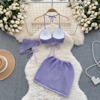 Women's Seaside Vacation Style Knitted Banded Bikini Suit