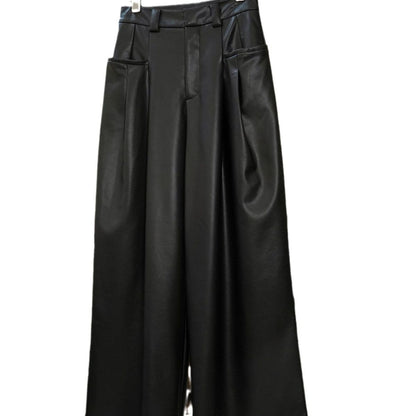 Women's High Waist PU Slim-fit Wide-leg Pants