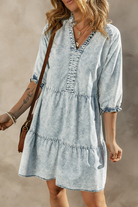 Robe en jean évasée rétro à manches mi-longues et délavée à l'acide bleu crépuscule