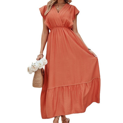 Women's V-neck Design Sleeveless Solid Color Dress