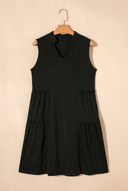 Black Split V Neck Tiered Flowy Sleeveless Dress