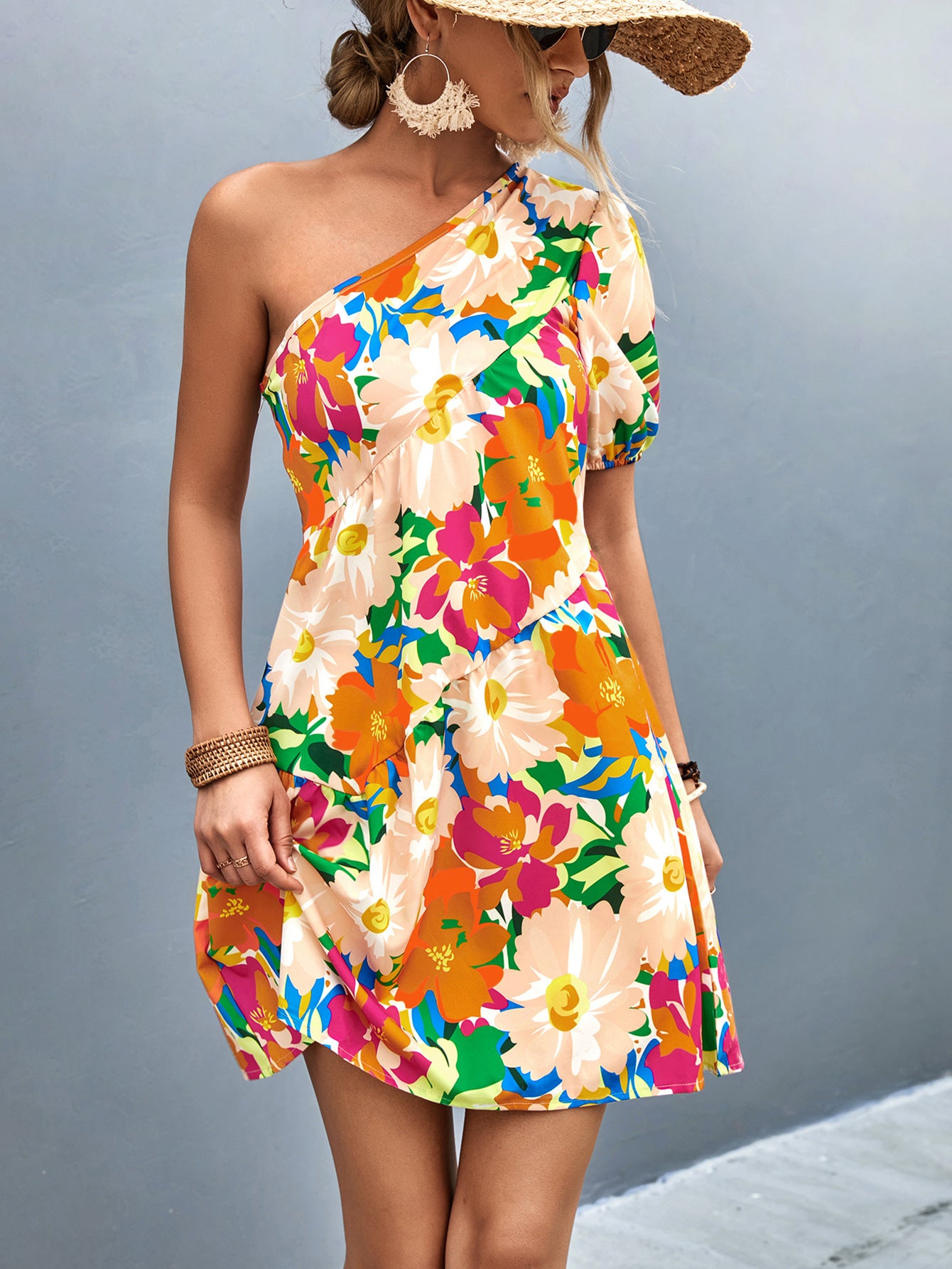 Women's Graceful And Fashionable Casual Shoulder Short Sleeve Printed Dress