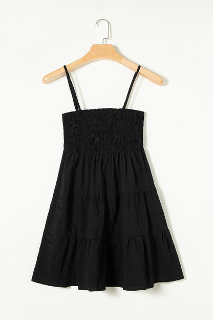 Black Smocked Textured Tiered Skater Dress