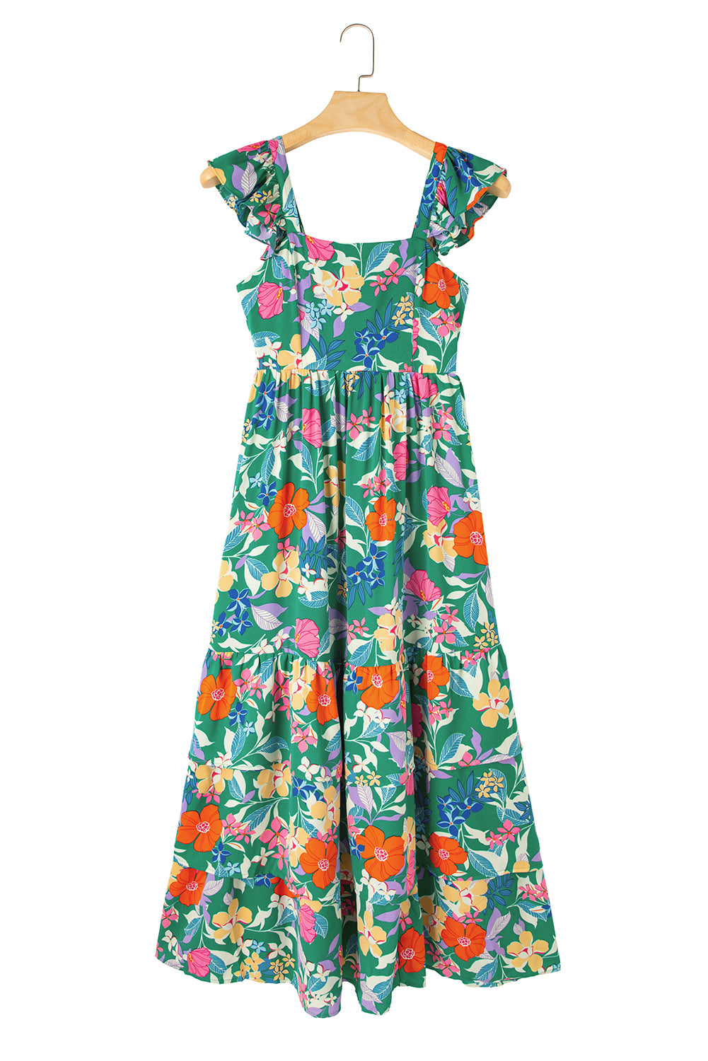 Robe longue à volants et à volants sans manches à imprimé floral vert