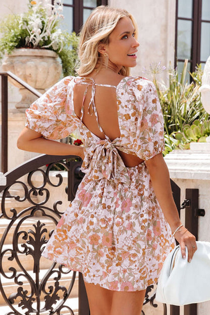 Mini vestido estampado floral nudo de lazo sin espalda cuello cuadrado blanco