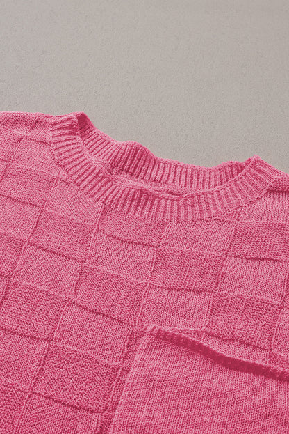 Pull à manches courtes en tricot texturé en treillis rose poussiéreux