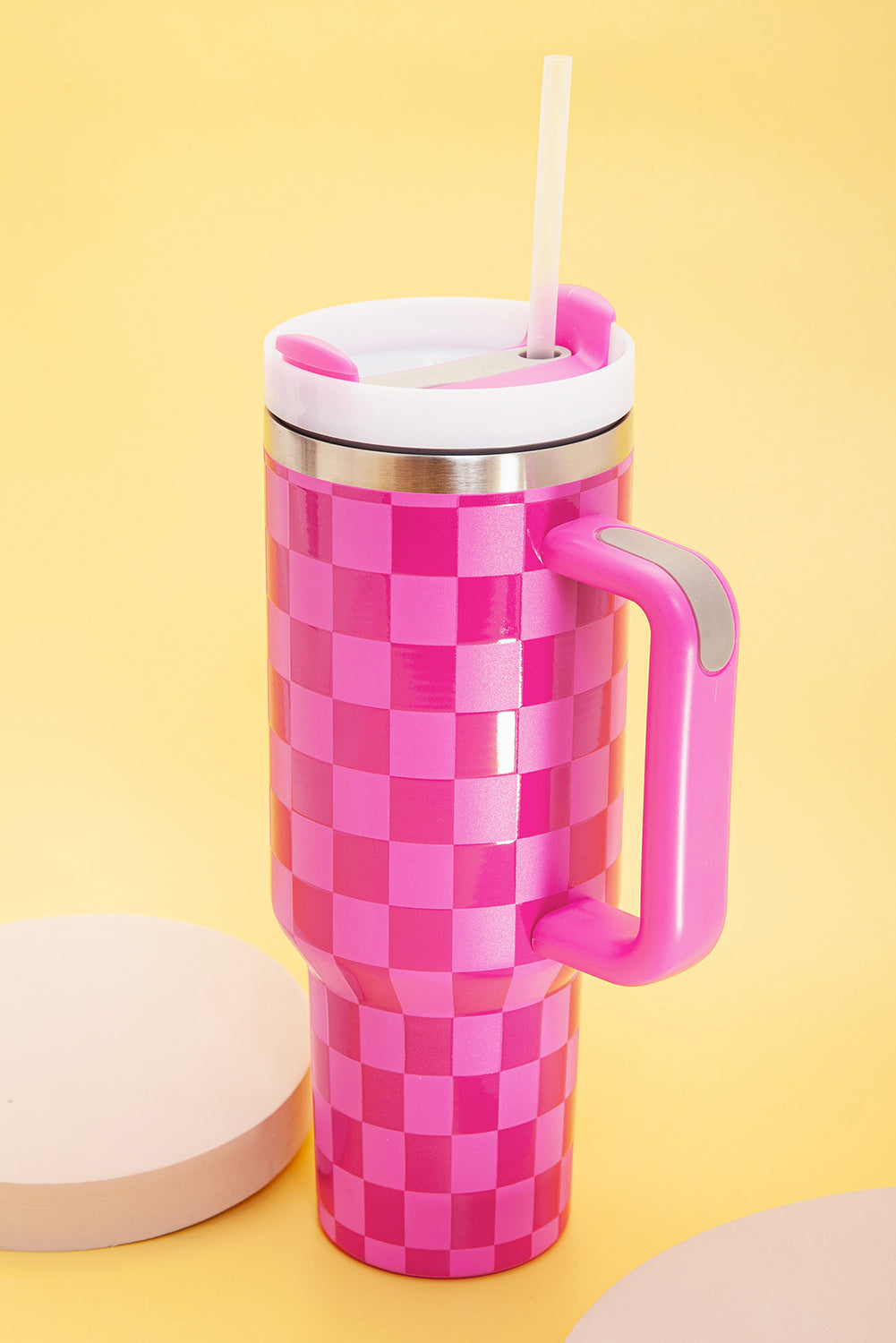 Vaso de acero inoxidable con asa y estampado de cuadros de color rosa brillante, 40 oz