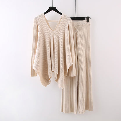 Autumn Fashionable Stylish Pleated Knitted Irregular V-neck Top Wide Leg Pants Sweater Suit