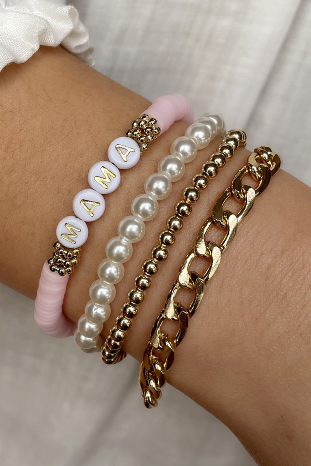 Juego de pulseras de cadena con cuentas de perlas MAMA de oro de 4 piezas 