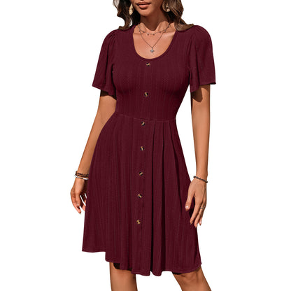 Women's Round Neck Button Stretch Casual Short Sleeve Dress