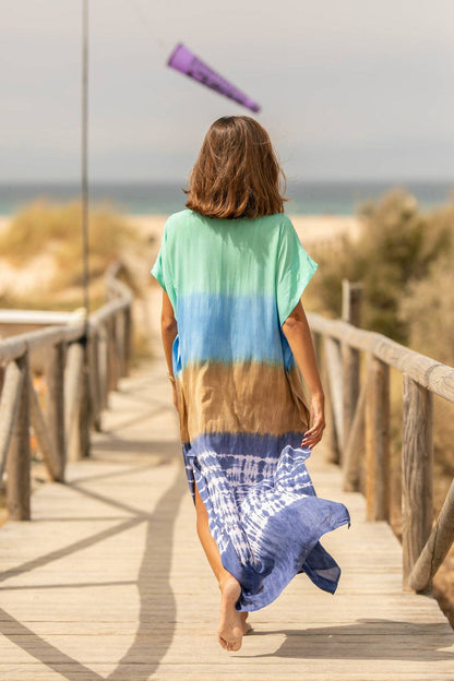 Vestido largo suelto de algodón teñido anudado para mujer