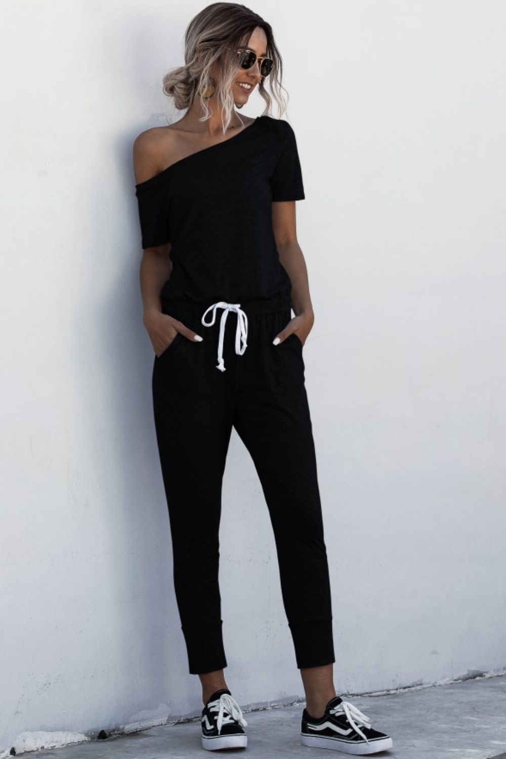 Asymmetrical Neck Tied Jumpsuit with Pockets