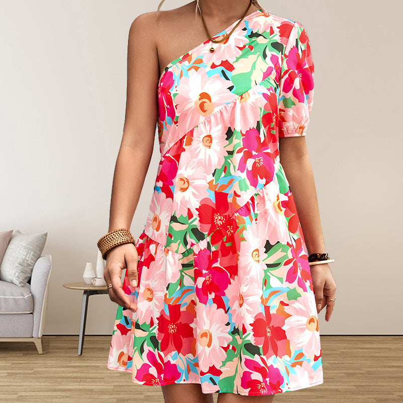 Women's Graceful And Fashionable Casual Shoulder Short Sleeve Printed Dress