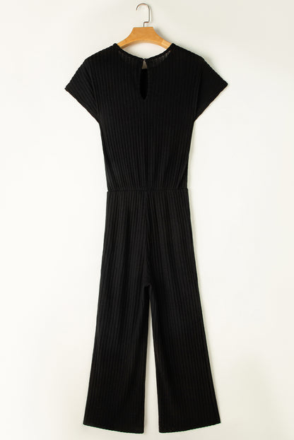 Black Solid Color Ribbed Short Sleeve Wide Leg Jumpsuit