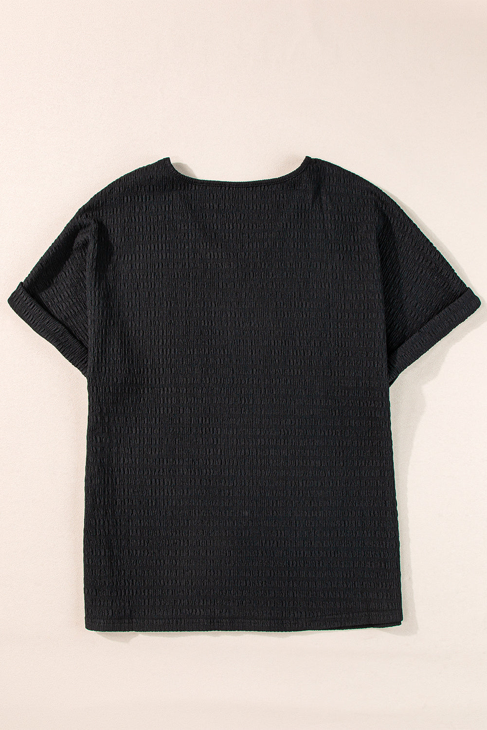 Black Textured Rolled Short Sleeve V Neck Tee