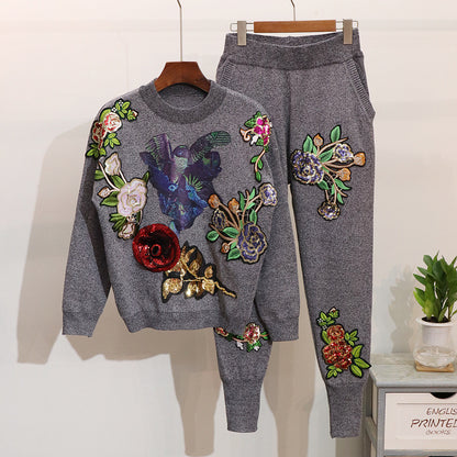 Women's European Station Sequined Flower Long-sleeved Sweater Sweater Skinny Pants Fashion Suit