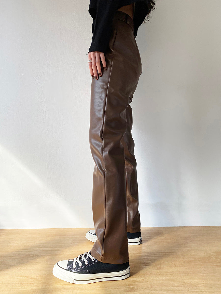 Pantalon en cuir PU marron taille haute, Slim Fit, hanches amincissantes, pantalon en cuir à jambe droite en cachemire