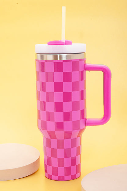 Vaso de acero inoxidable con asa y estampado de cuadros de color rosa brillante, 40 oz