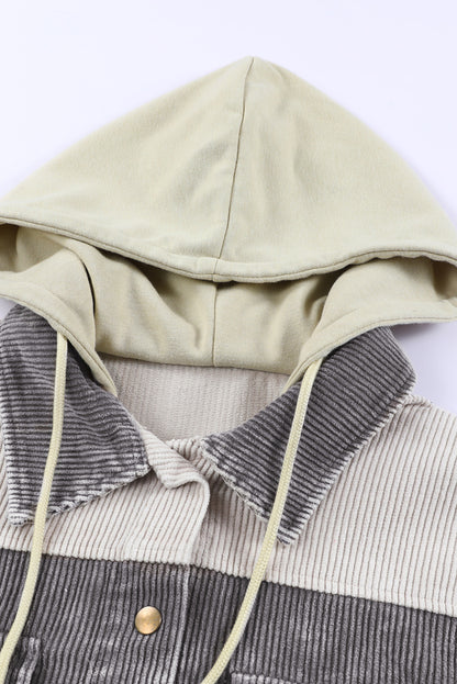 Green Color Block Button Down Hooded Corduroy Jacket