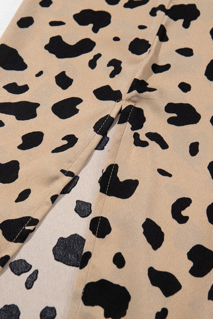 Beige Leopard Spots Printed Split Hem Midi Skirt