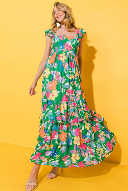 Robe longue à volants et à volants sans manches à imprimé floral vert