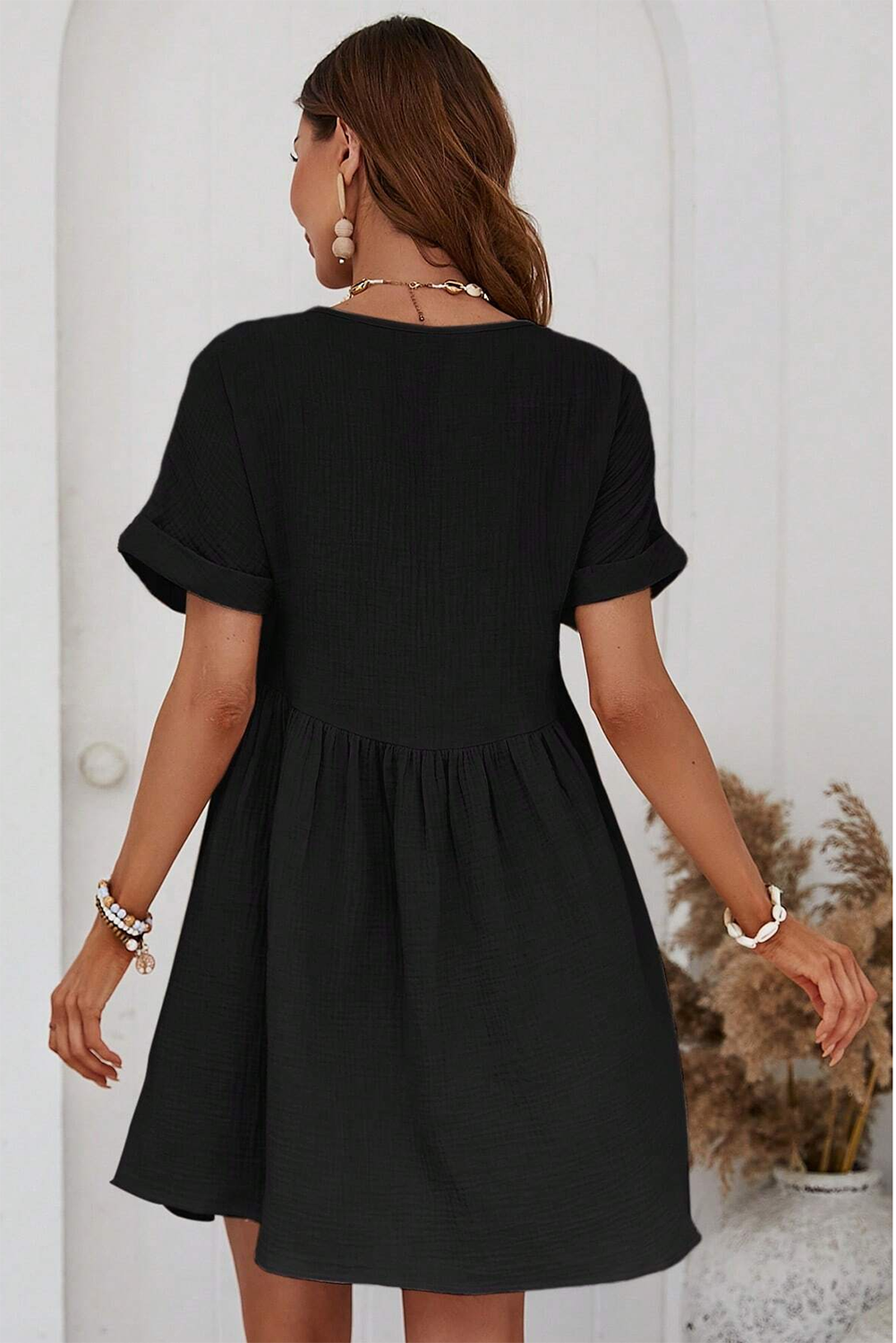 Black Folded Short Sleeve Lace V Neck Mini Dress