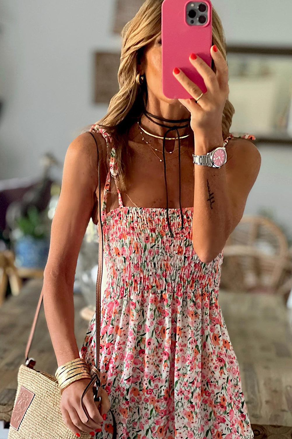 Vestido largo con volantes y fruncido floral boho blanco