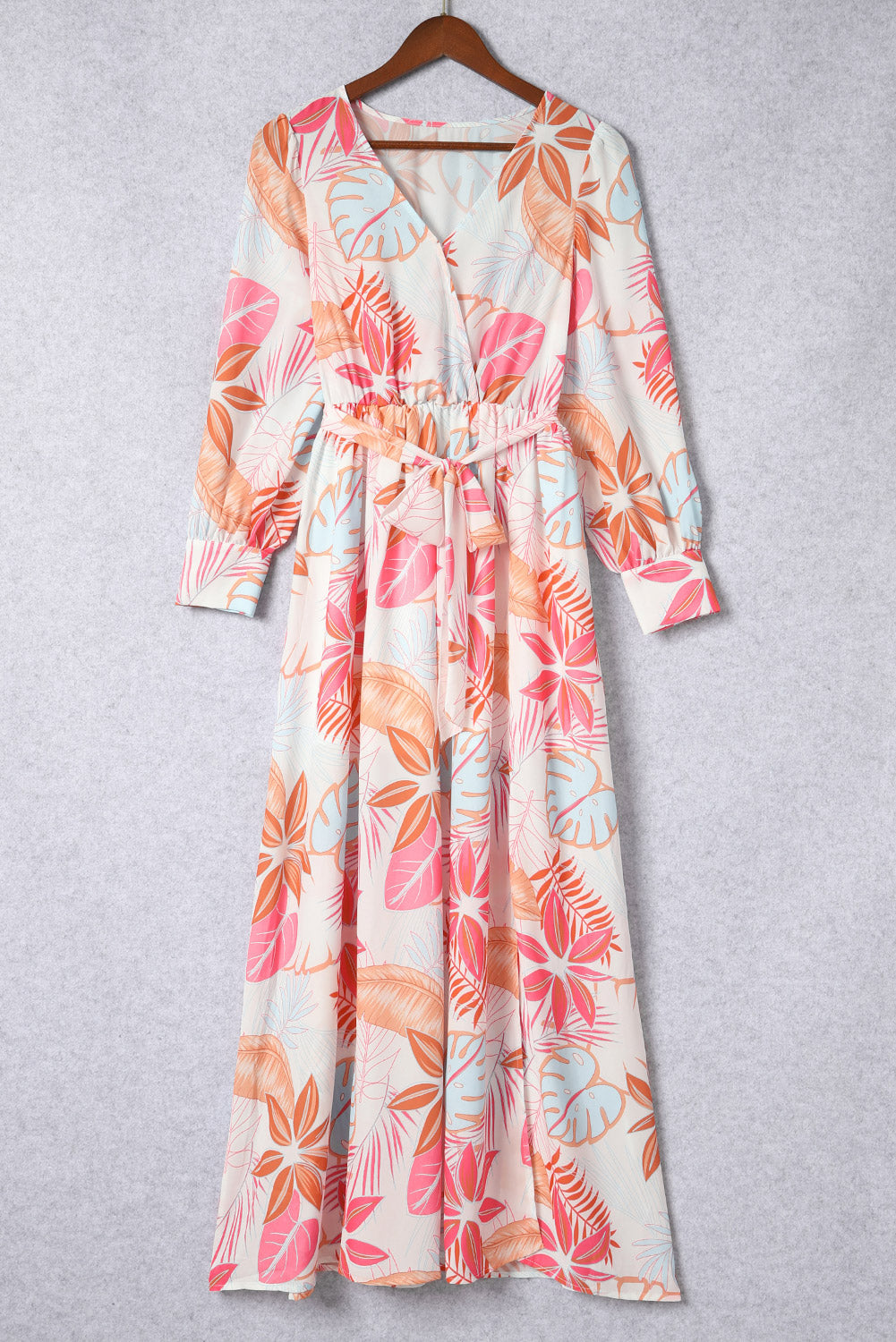 Tropical Plant Print Long Sleeve Wrap V-Neck Slit Maxi Dress