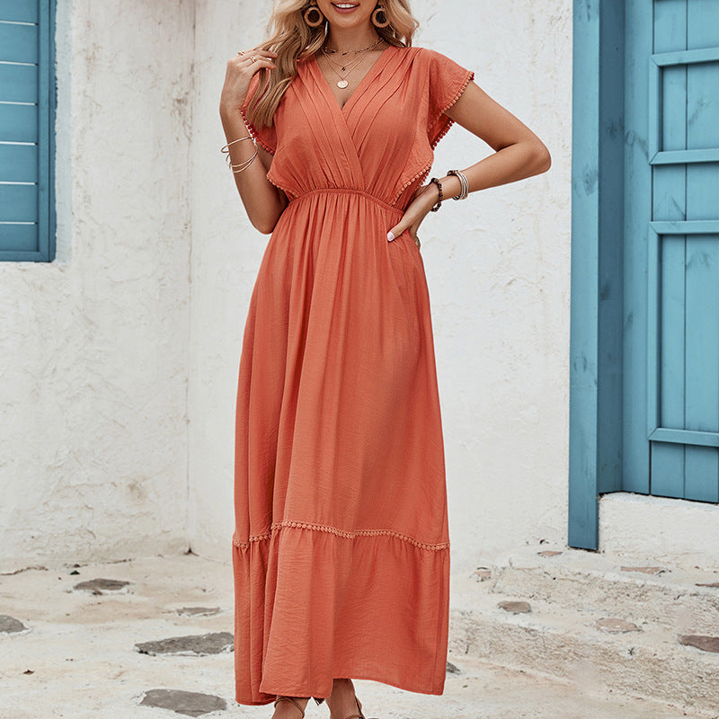 Women's V-neck Design Sleeveless Solid Color Dress