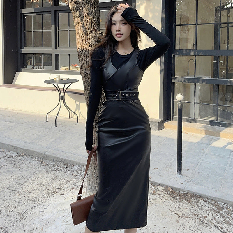 Women's Fashion All-matching Slim Fit Bottoming Top Mid-length Dress Set