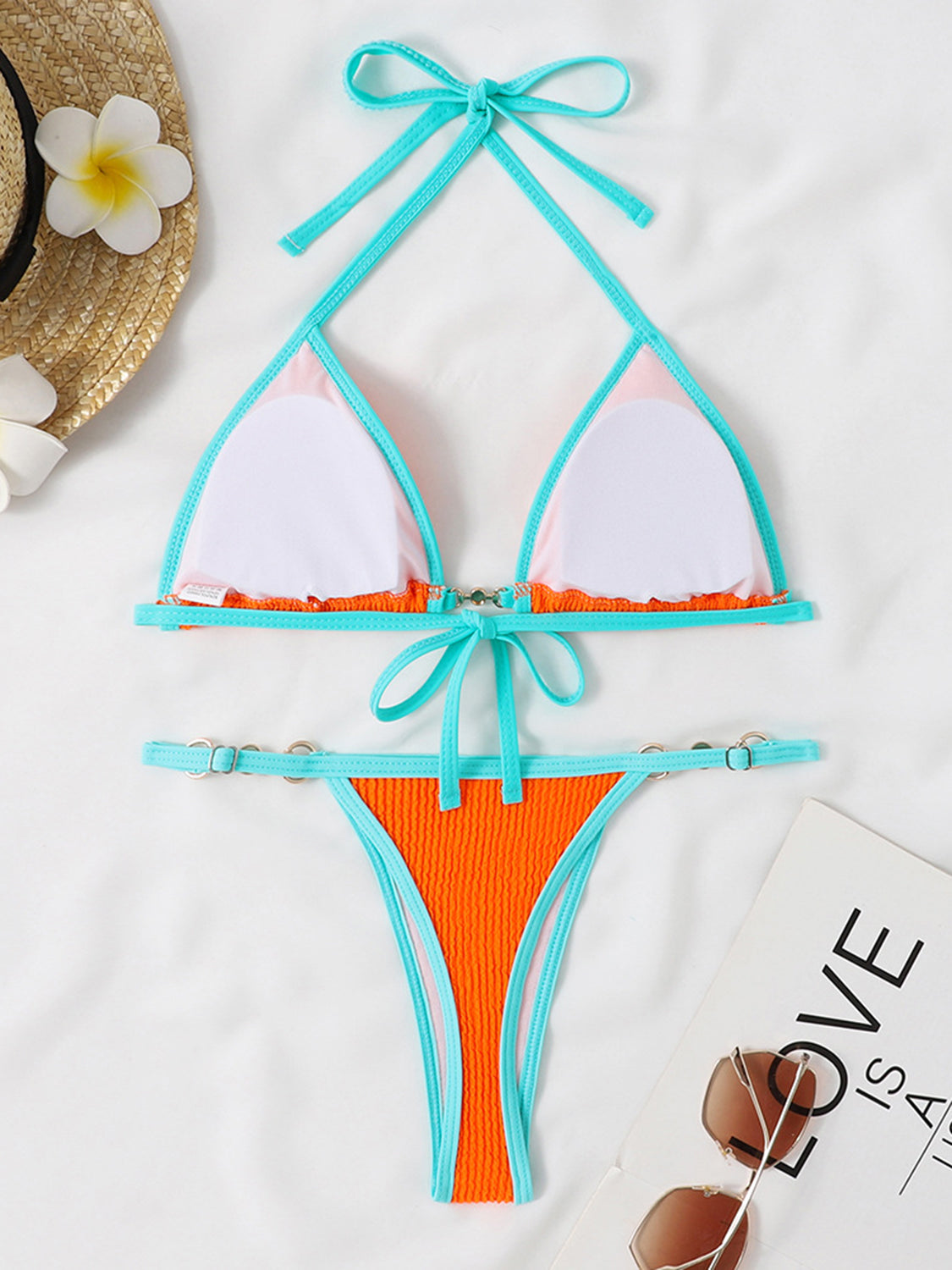 Conjunto de bikini de dos piezas con cuello halter en contraste texturizado