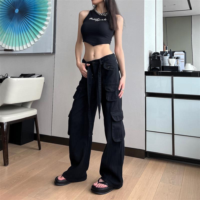 Women's Lace-up Low Waist Loose Straight Jeans