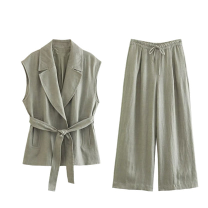 Women's Clothing With Belt Linen Vest Suit