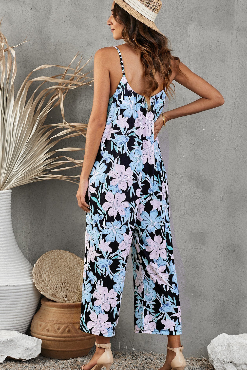 Botanical Print Spaghetti Strap Cropped Jumpsuit