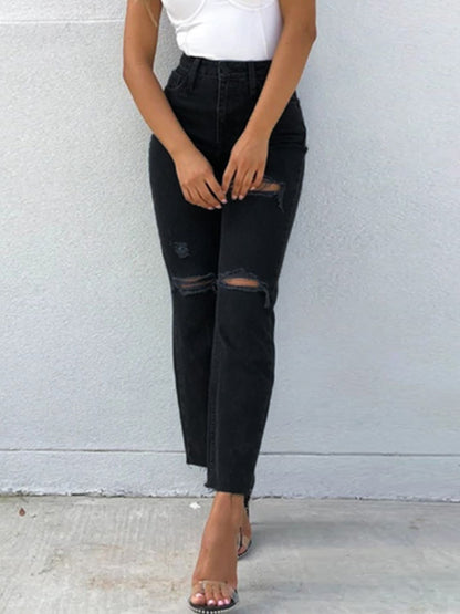 Distressed High Waist Straight Jeans