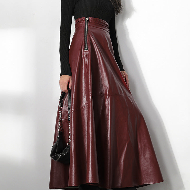 Women's Leather Skirt Retro High Waist Slim Fit Hips