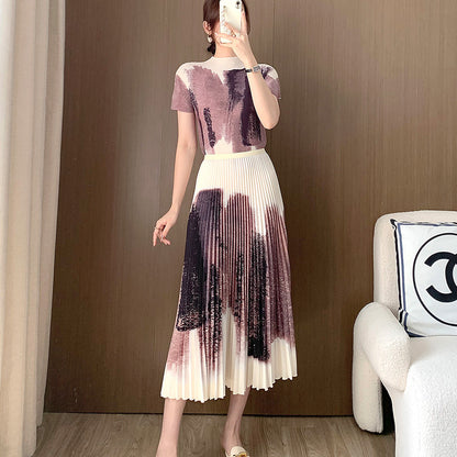 Women's Fashionable Pleated T-shirt Skirt Suit